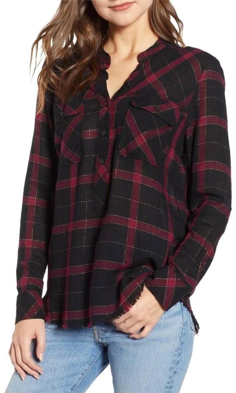 Rails Redding Linen Raw Hem Plaid Long Sleeve Popover Shirt Black Wine Gold Sz L